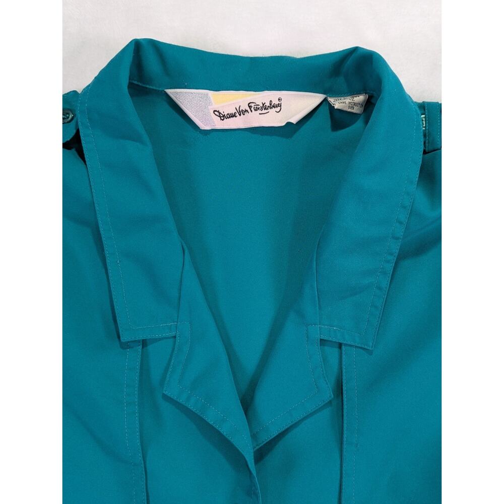 Dianne Von Furstenberg Size 12 Teal Green Safari Style Button Up Blouse VTG 80's - Picture 2 of 16